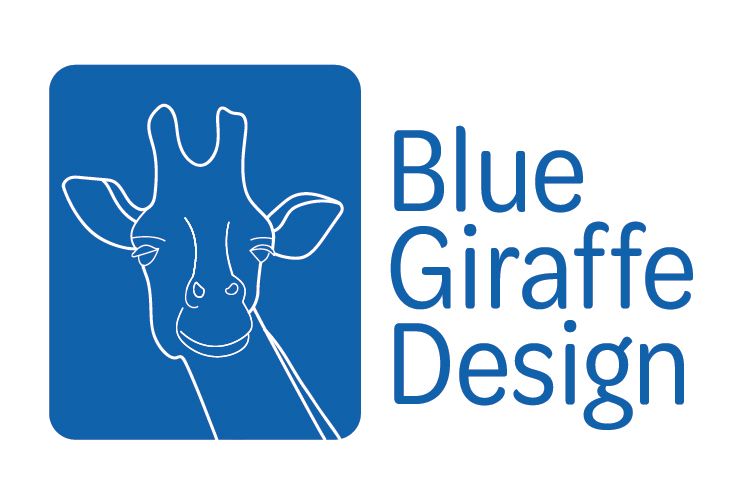 Blue giraffe head outline in a blue square with "Blue Giraffe Design" text.