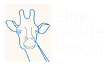 A blue line-drawing of a giraffe's head in a cream square, next to the text