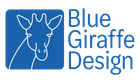 Logo for Blue Giraffe Design with a white line-art giraffe head on a blue square next to the text.