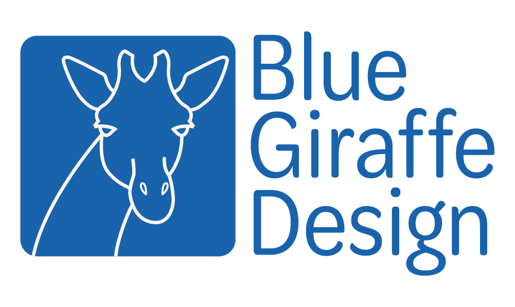Logo for Blue Giraffe Design with a white line-art giraffe head on a blue square next to the text.