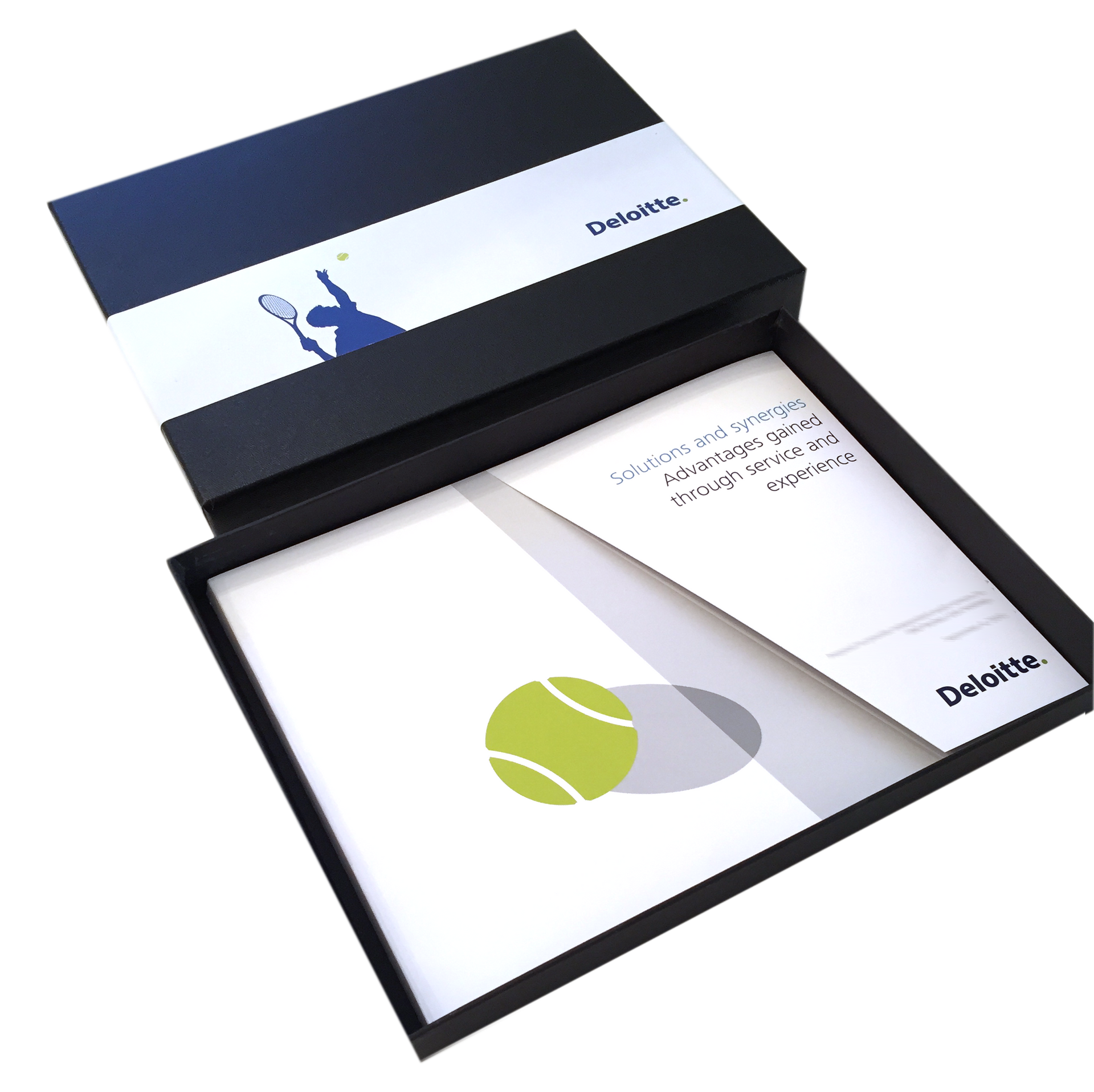 An open black gift box containing a white card with a tennis ball graphic and Deloitte branding.