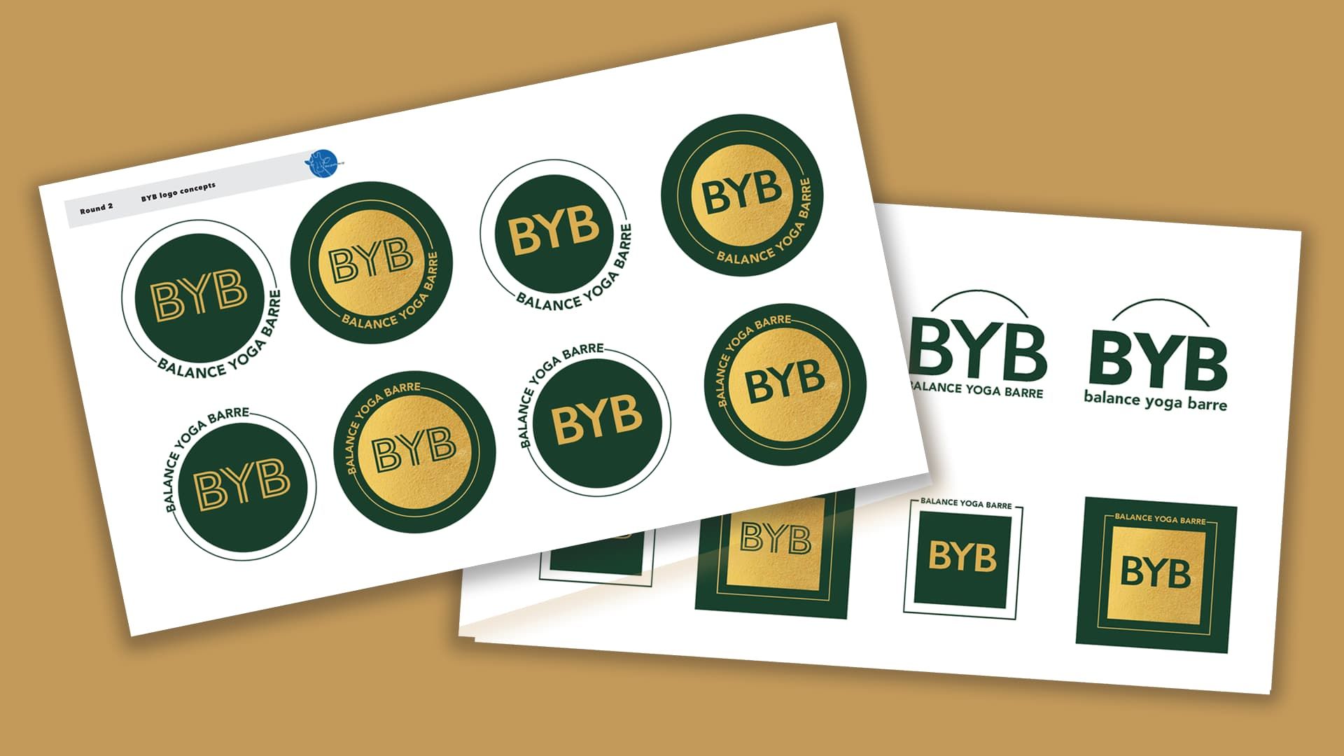 Eight circular logo variations featuring the letters 