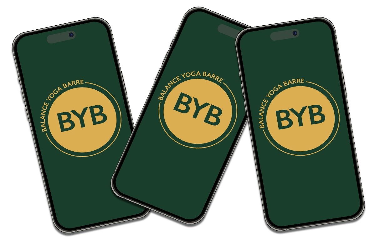 Three dark green smartphones arranged in a fan shape, each displaying a circular gold logo with the letters 