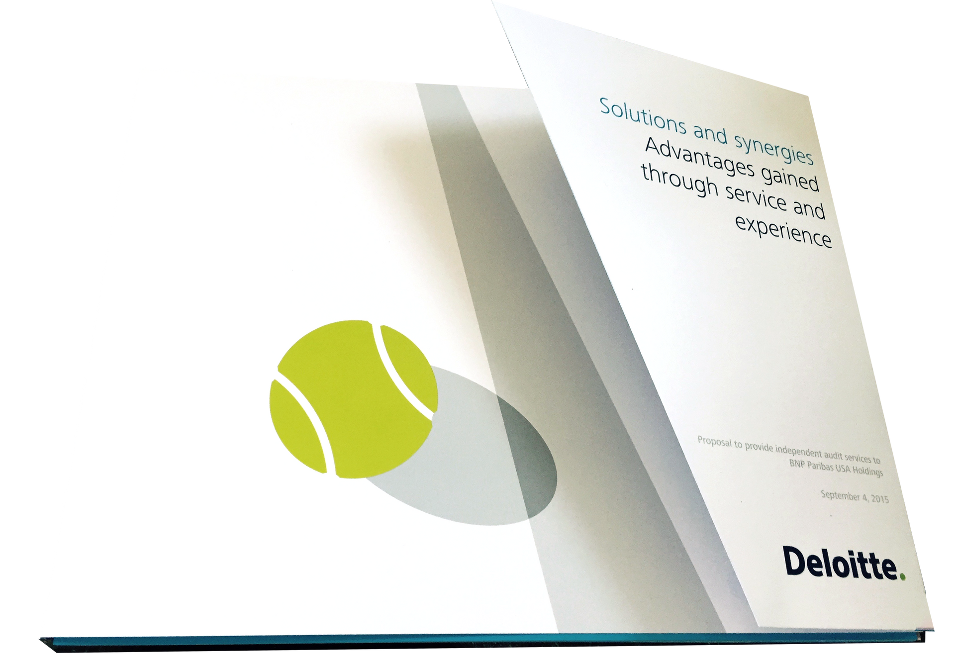 A folded white Deloitte brochure featuring a tennis ball graphic and text on the inner panel.
