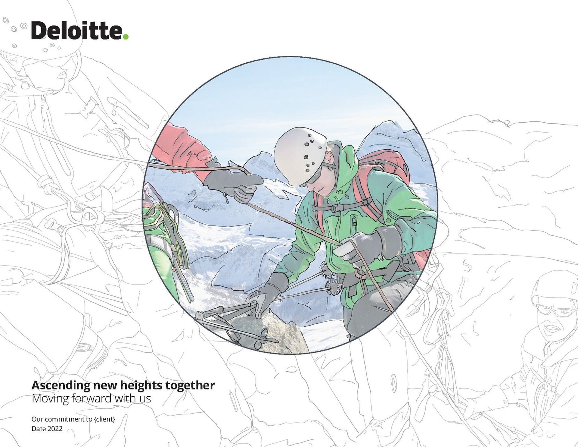 Deloitte marketing material featuring a circular illustration of two mountain climbers scaling a snowy peak together.