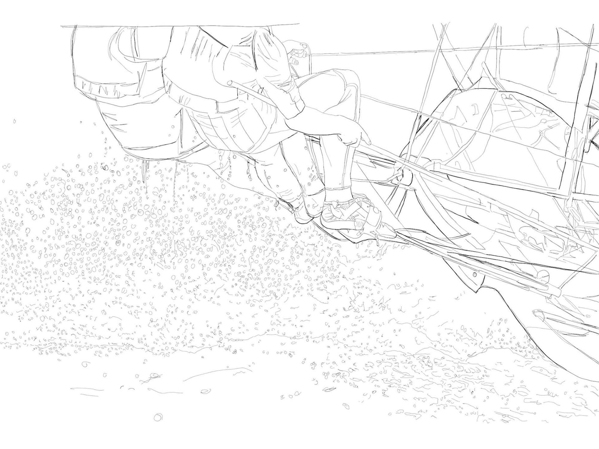 Line drawing of a person sitting in a chair, working on a project with wires and a metallic frame.