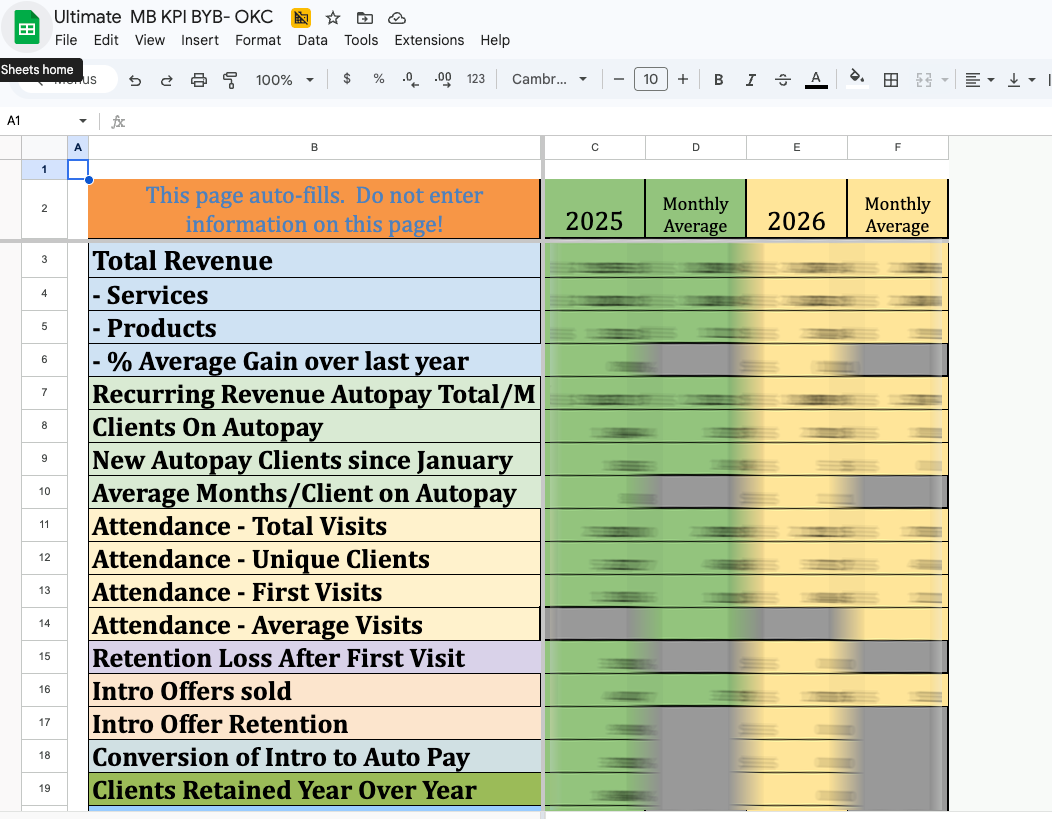 A spreadsheet for tracking business performance metrics for 2025 and 2026, organized by revenue, clients, and attendance.