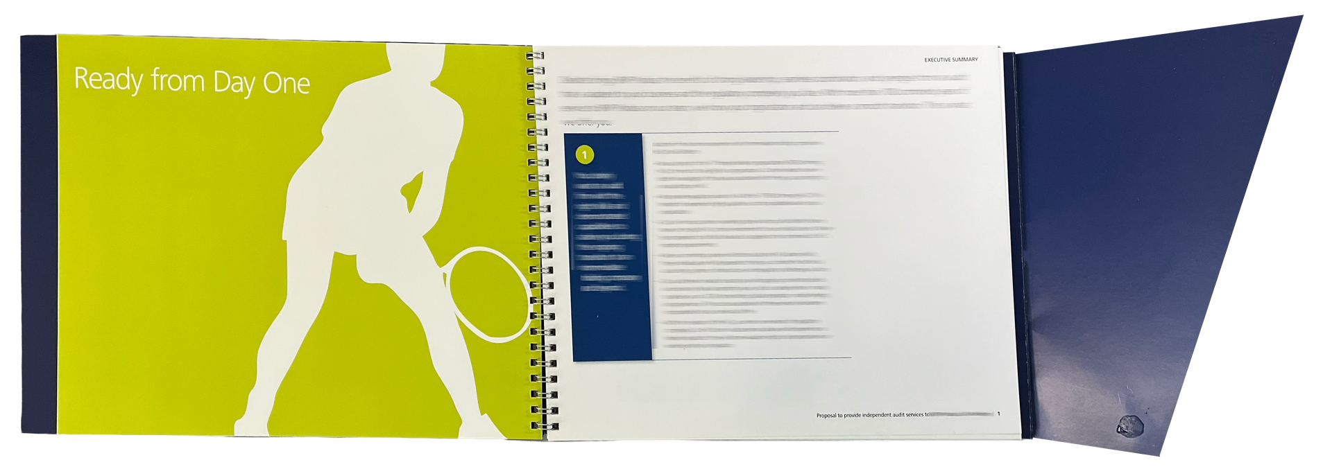 An open, spiral-bound brochure featuring a green page with a silhouette of a tennis player and a text-heavy white page.