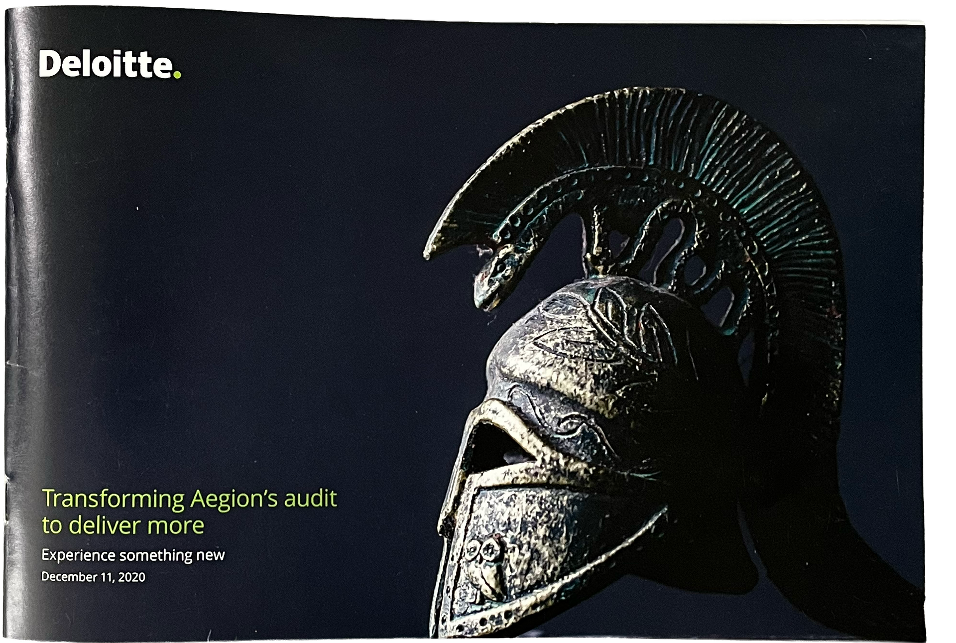 A Deloitte brochure featuring a Spartan helmet against a dark blue background with the text, 