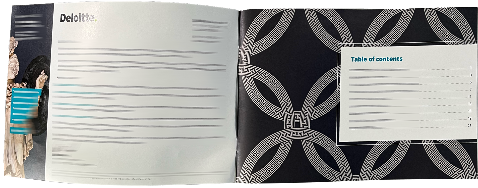 An open book or brochure displays a Deloitte company page on the left and a page with an ornate black pattern on the right.
