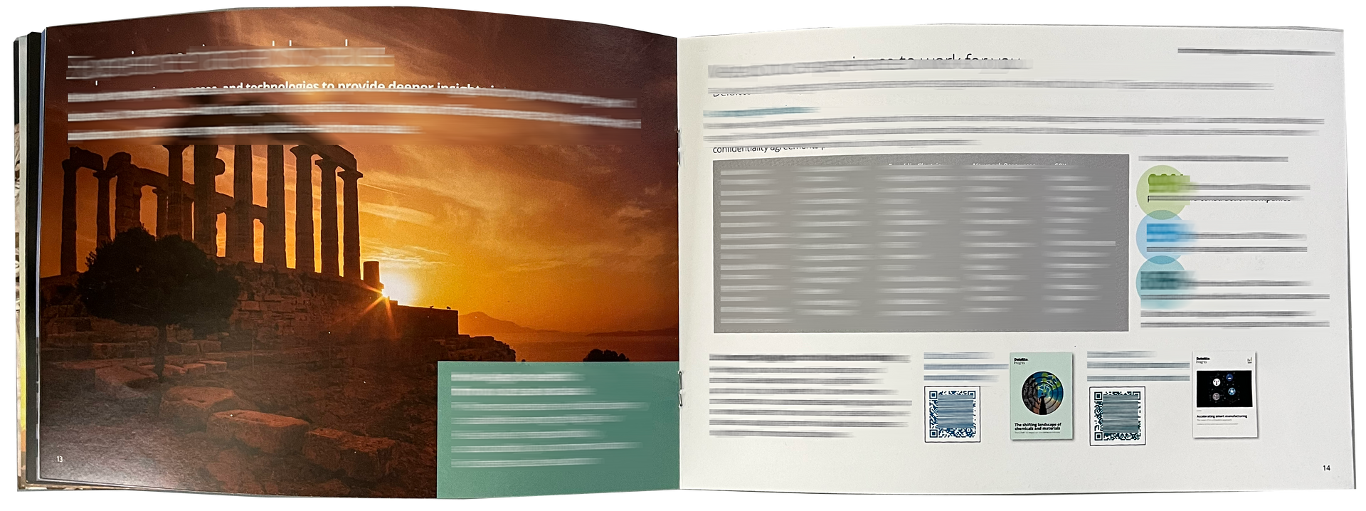An open brochure showing a page with ancient columns and a page with a diagram outlining a three-stage planning process.
