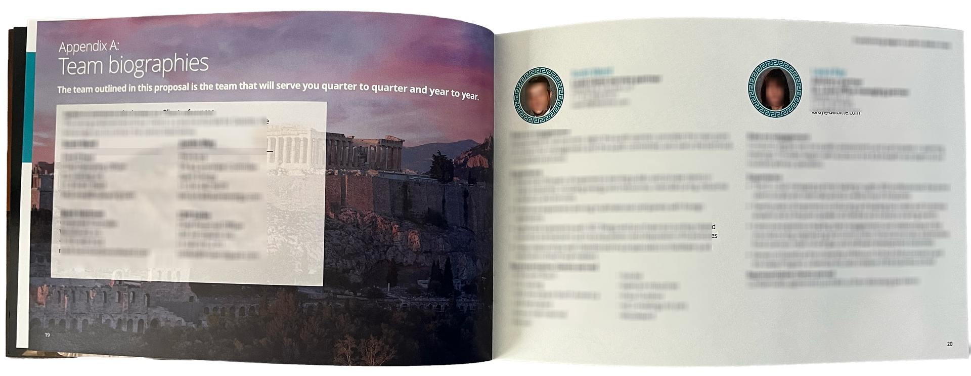 An open book page showing a golden-lit Greek temple on the left and a dense, informative layout with text and charts.