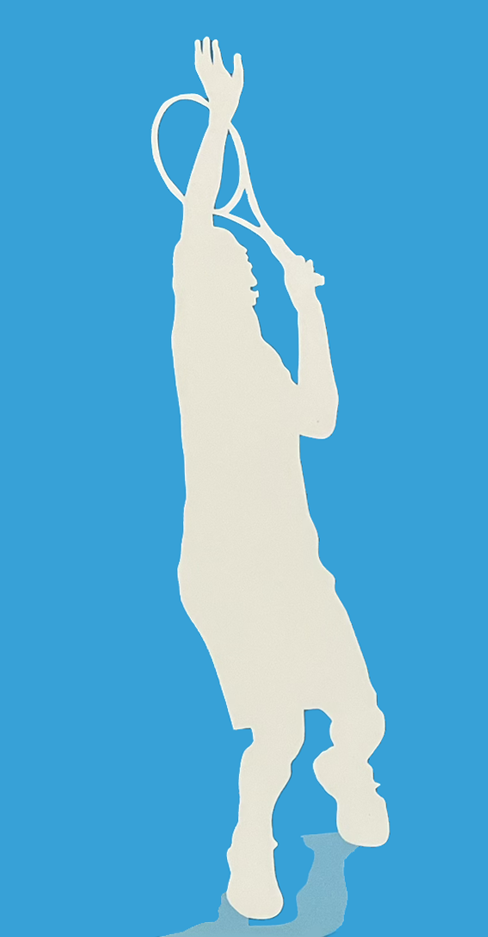 A light-colored silhouette of a tennis player serving against a solid blue background.