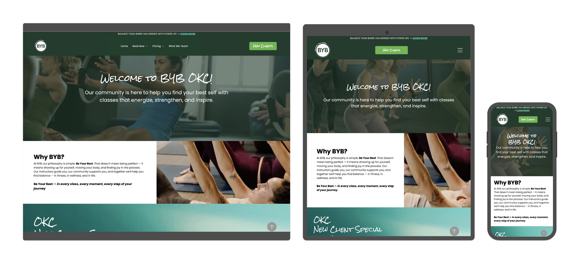 Mockup showing a responsive yoga website design displayed on a desktop monitor, tablet, and smartphone.