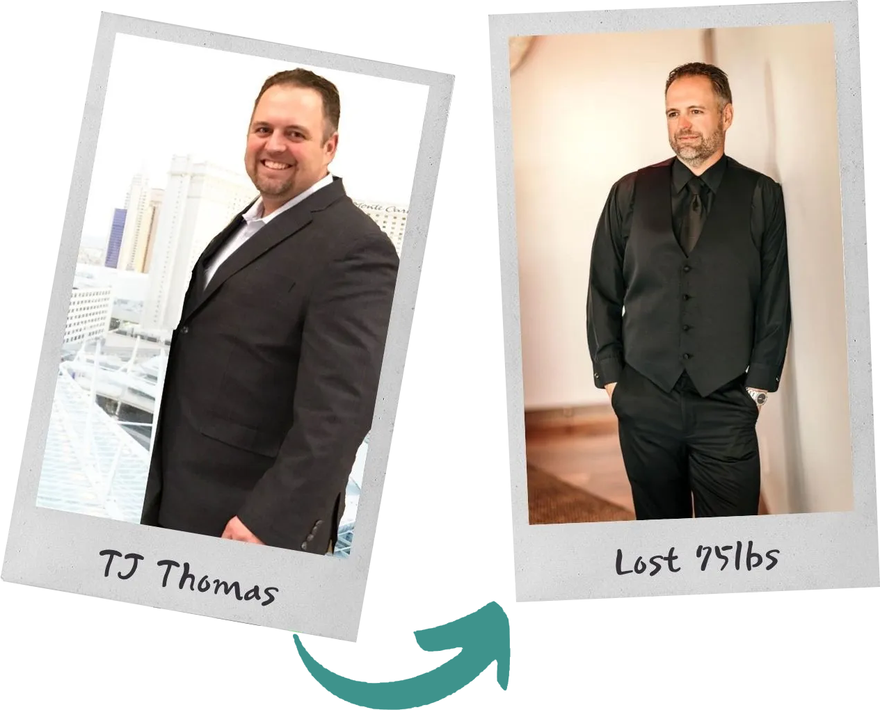 a man in a suit has lost 75 lbs