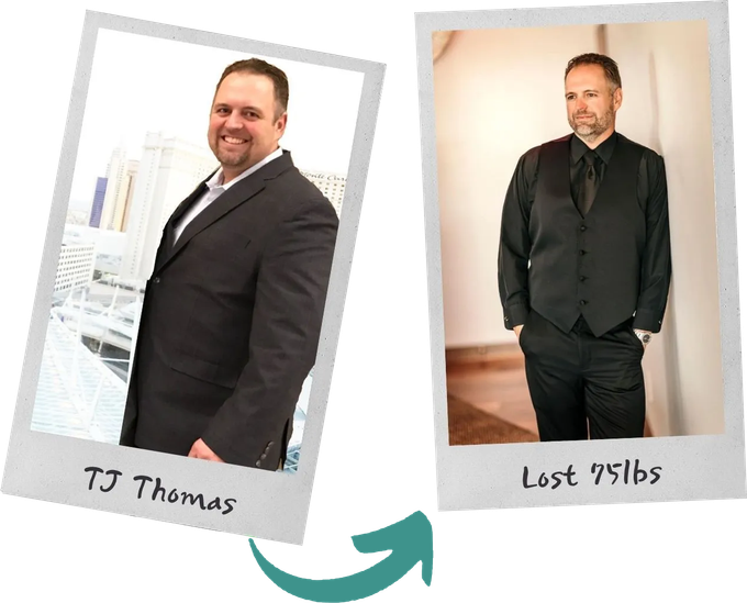 a picture of a man in a suit before and after weight loss