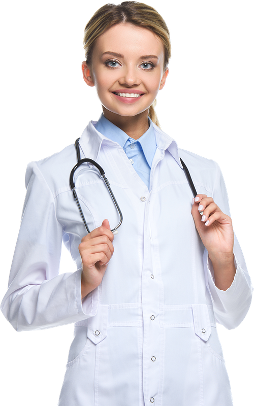 a female doctor is smiling and holding a stethoscope around her neck .