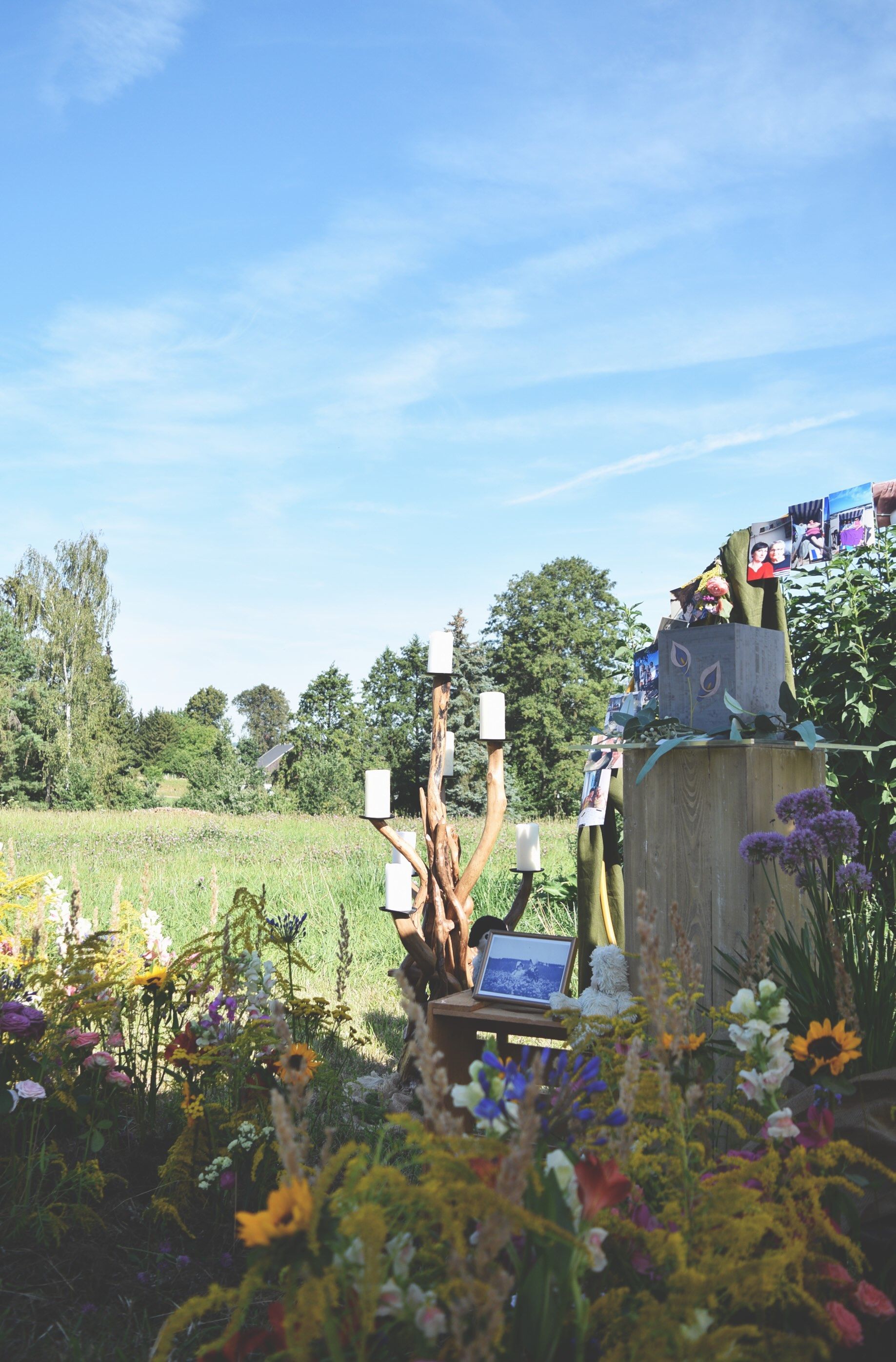 Ein Kerzenhalter in einem Garten mit Blumen und Bäumen im Hintergrund.