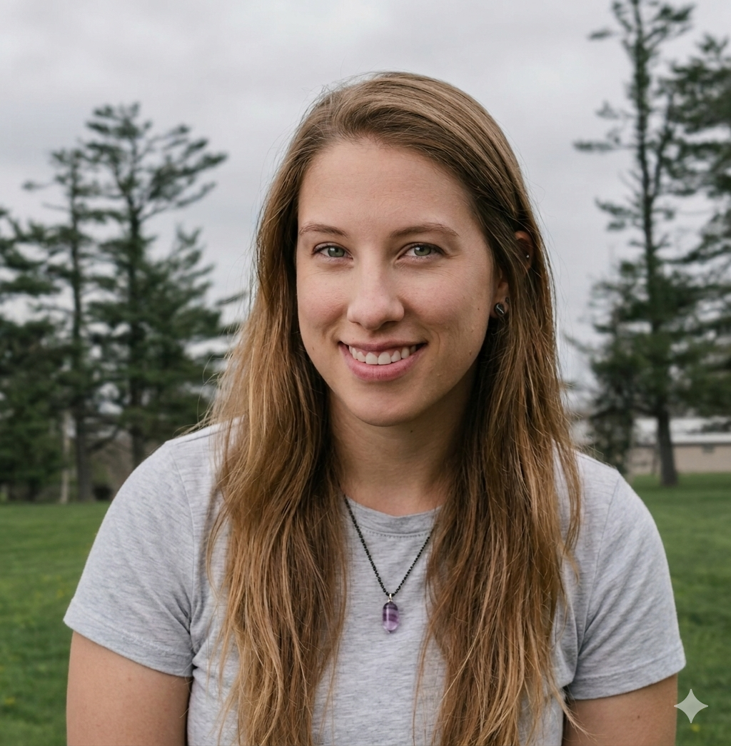 A woman wearing a blue tie dye shirt and a necklace is smiling.