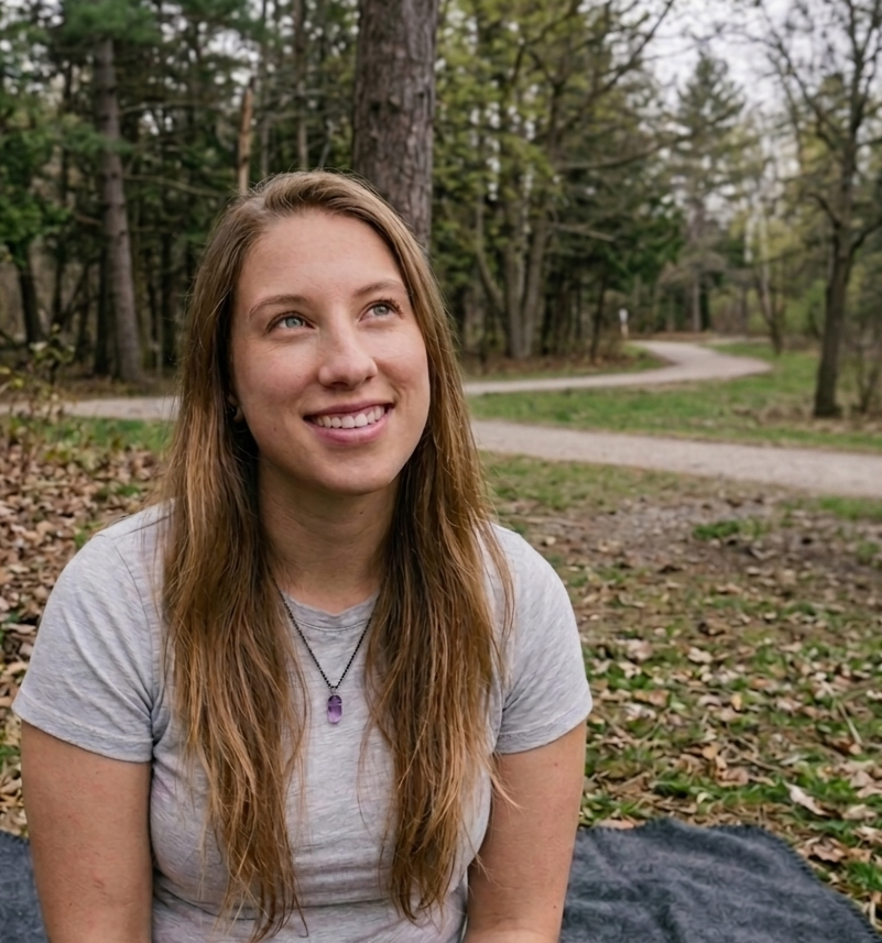 A woman wearing a blue tie dye shirt and a necklace is smiling.