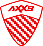 A red and white shield with the word AXXS on it