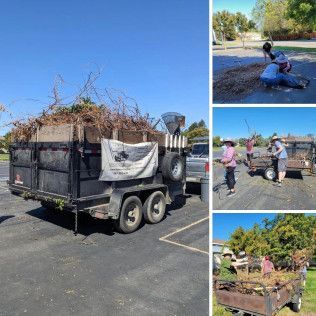 A dump truck with a trailer full of branches is parked in a parking lot.