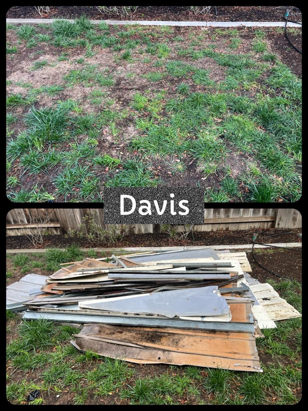 A before and after picture of a lawn and a pile of wood.