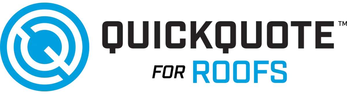 A blue and white logo for quickquote for roofs