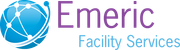 A blue and purple logo for emeric facility services