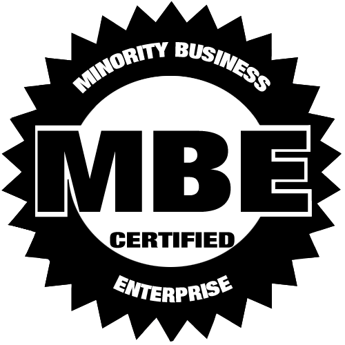 A black and white logo for a minority business certified enterprise.