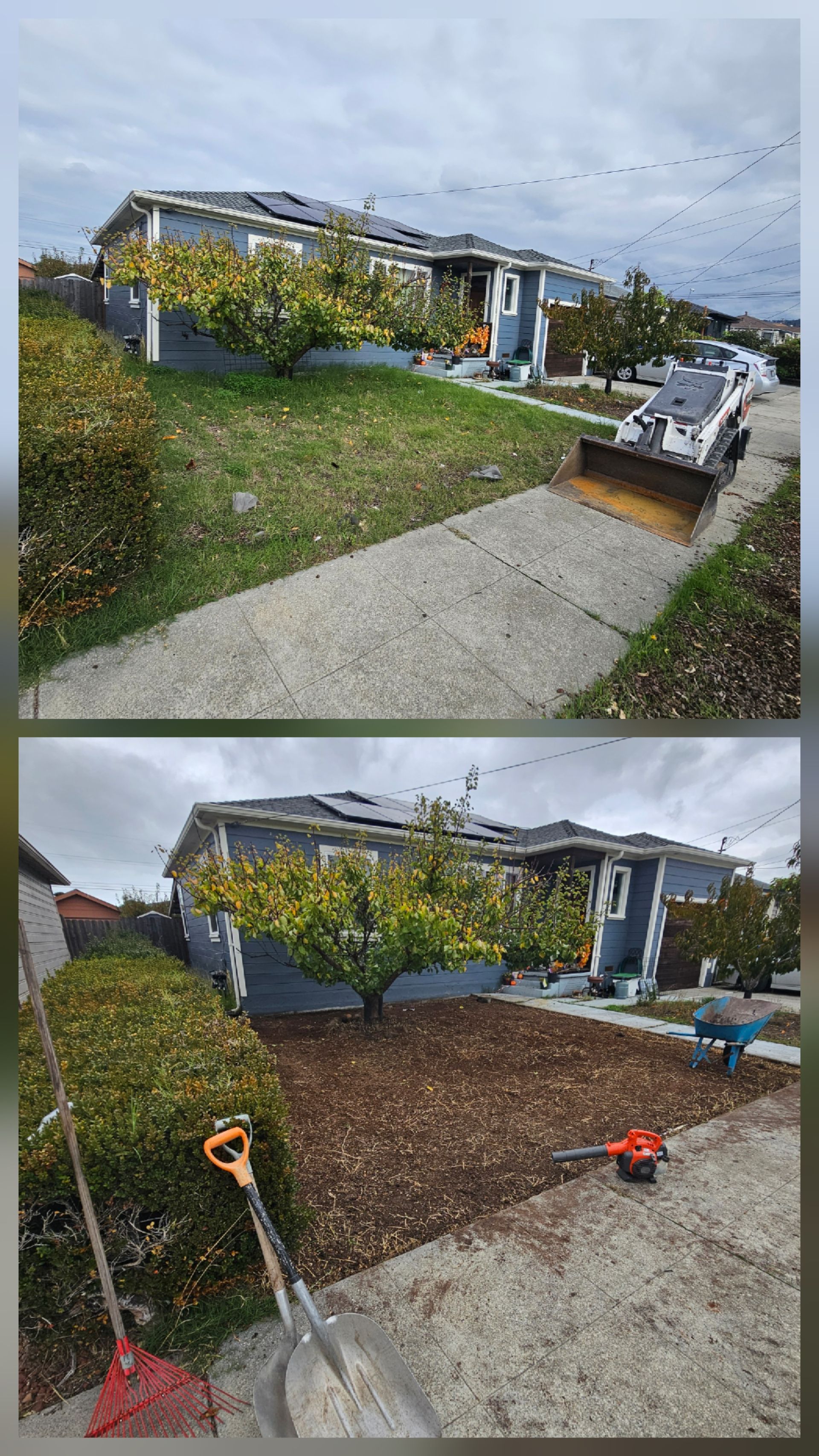 Before and after of a house with yard work.  Before: grass, trees, and small vehicle. 