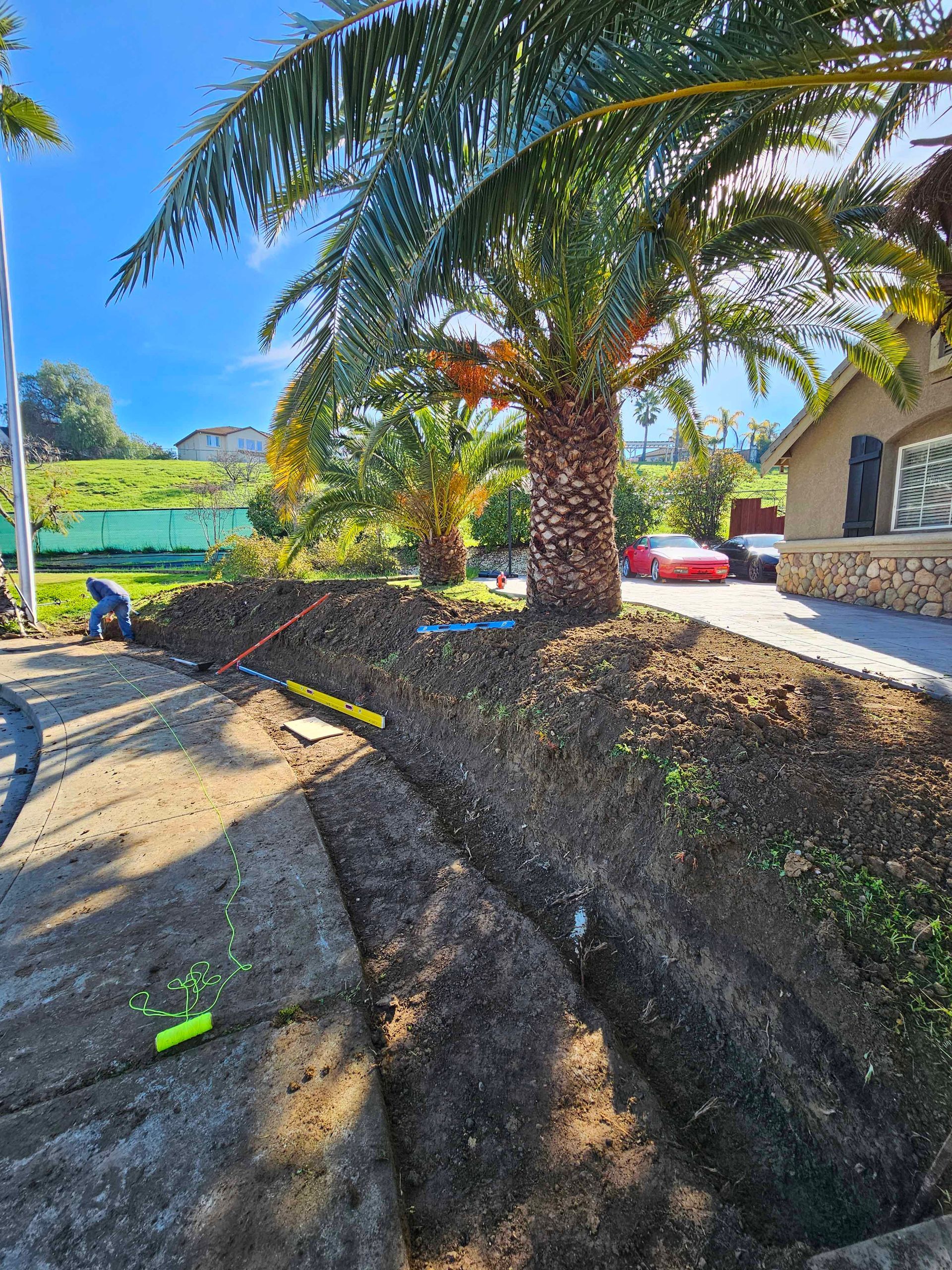 Landscaping work around palm trees; dirt piles, trench, blue sky, worker in background.