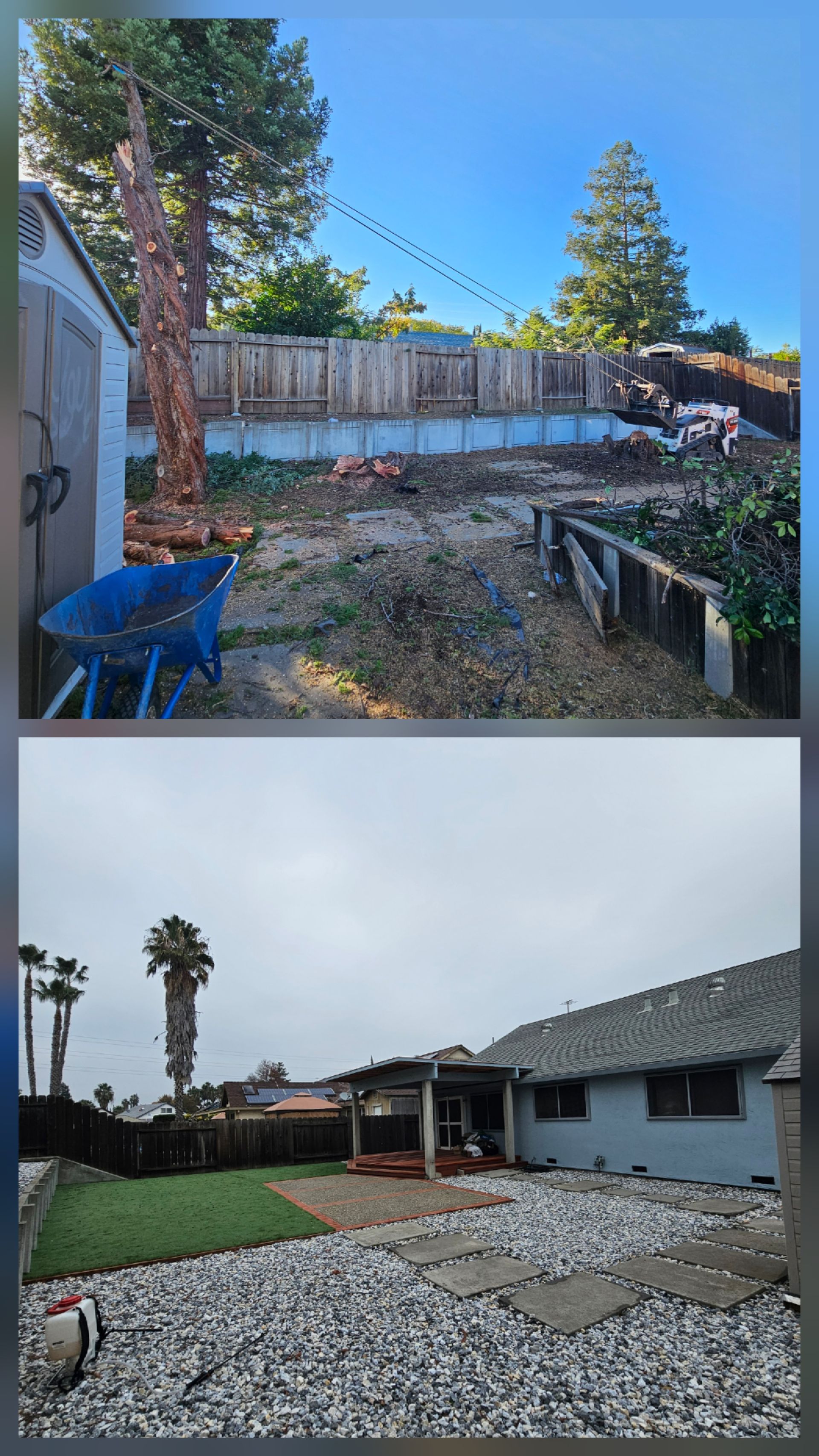 Four photos showing a house and yard.