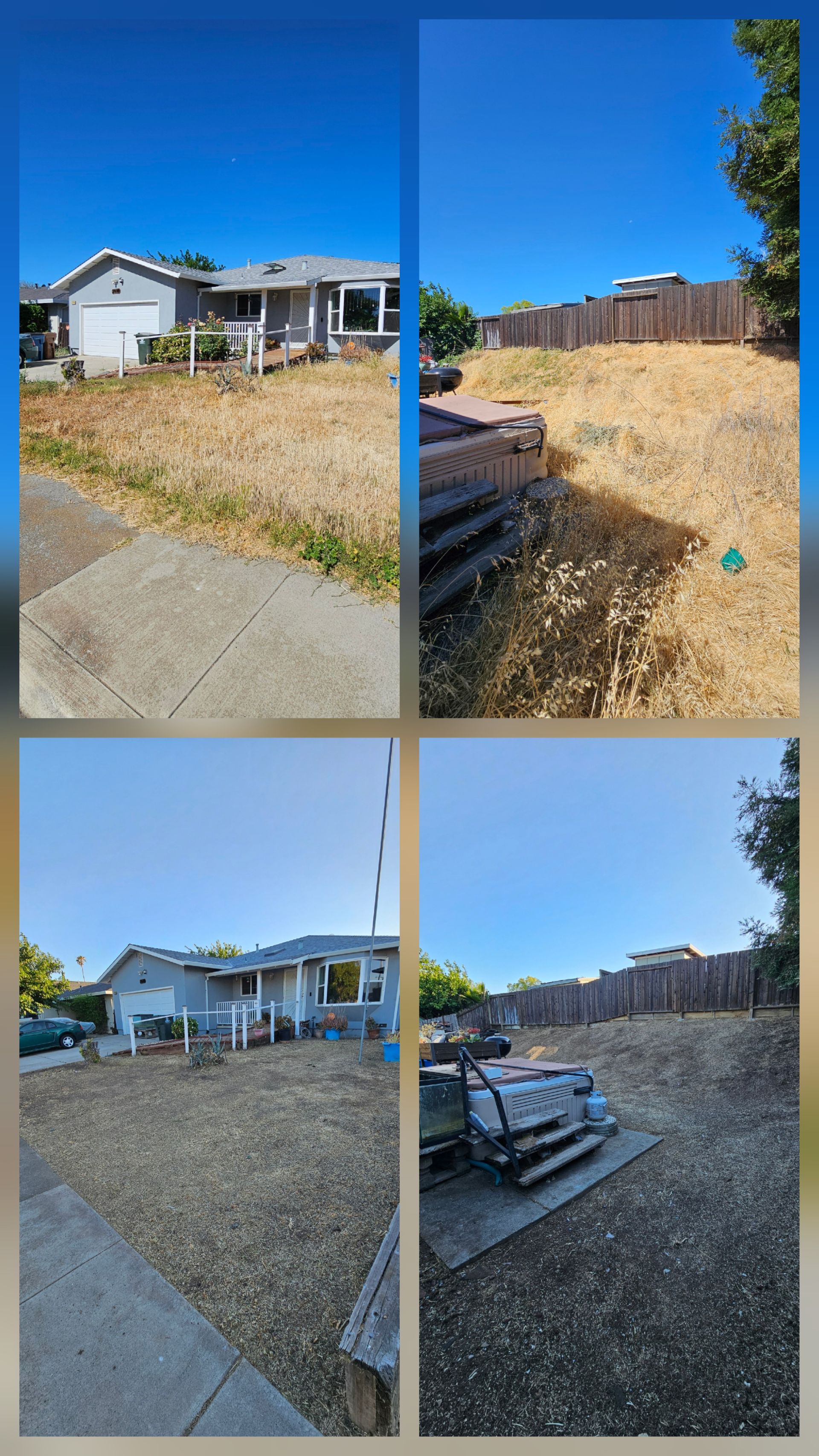 Four photos showing a house and yard.