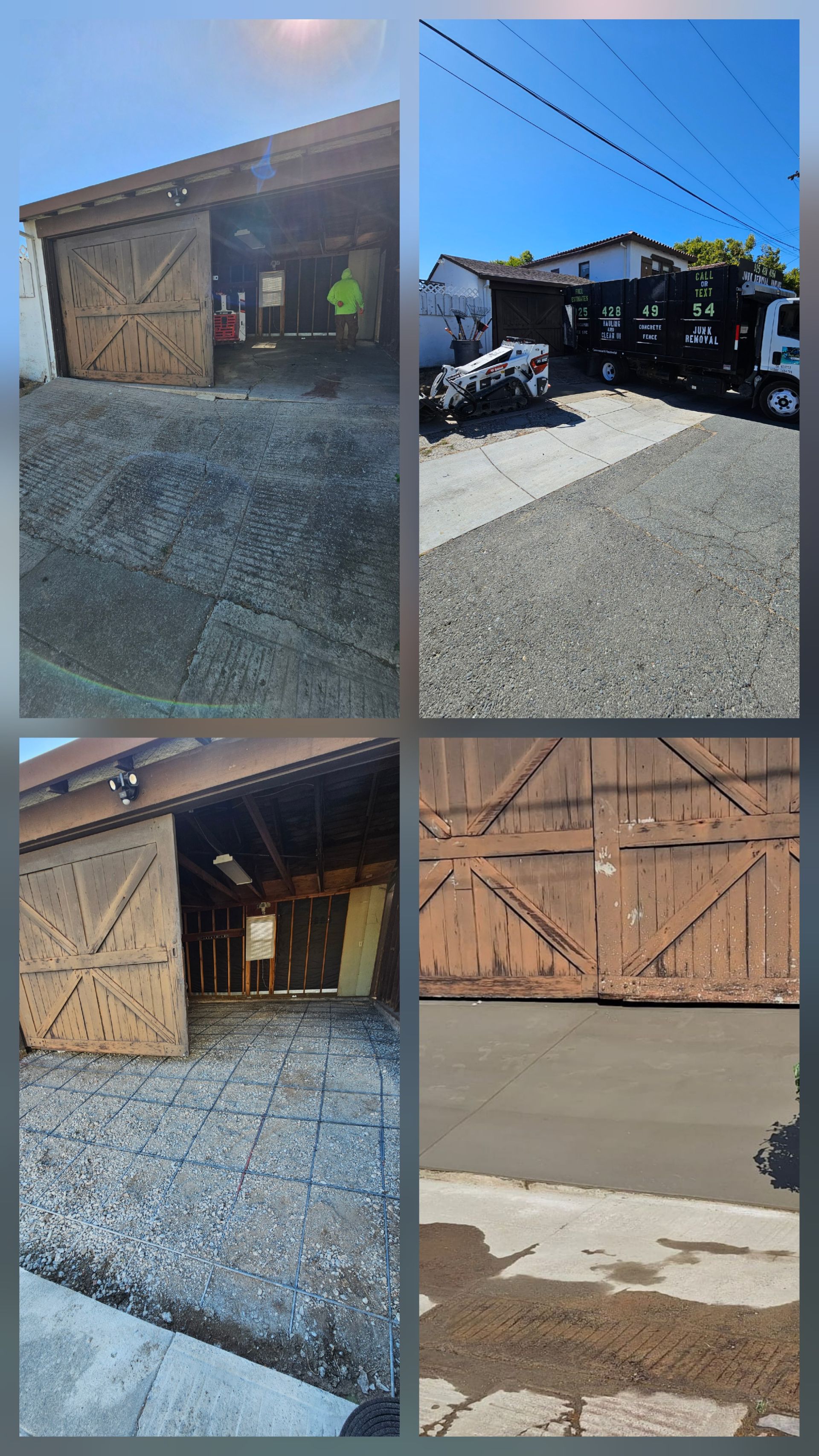 Four photos of a weathered building with large wooden barn doors on a gravel or concrete surface.