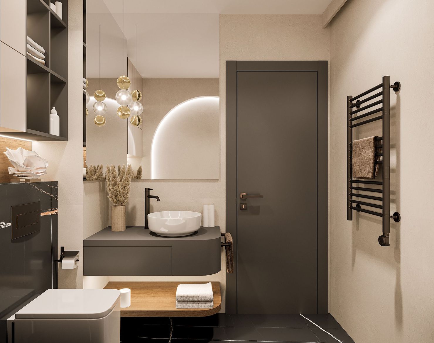 Un bagno con lavandino, WC, specchio e portasciugamani.