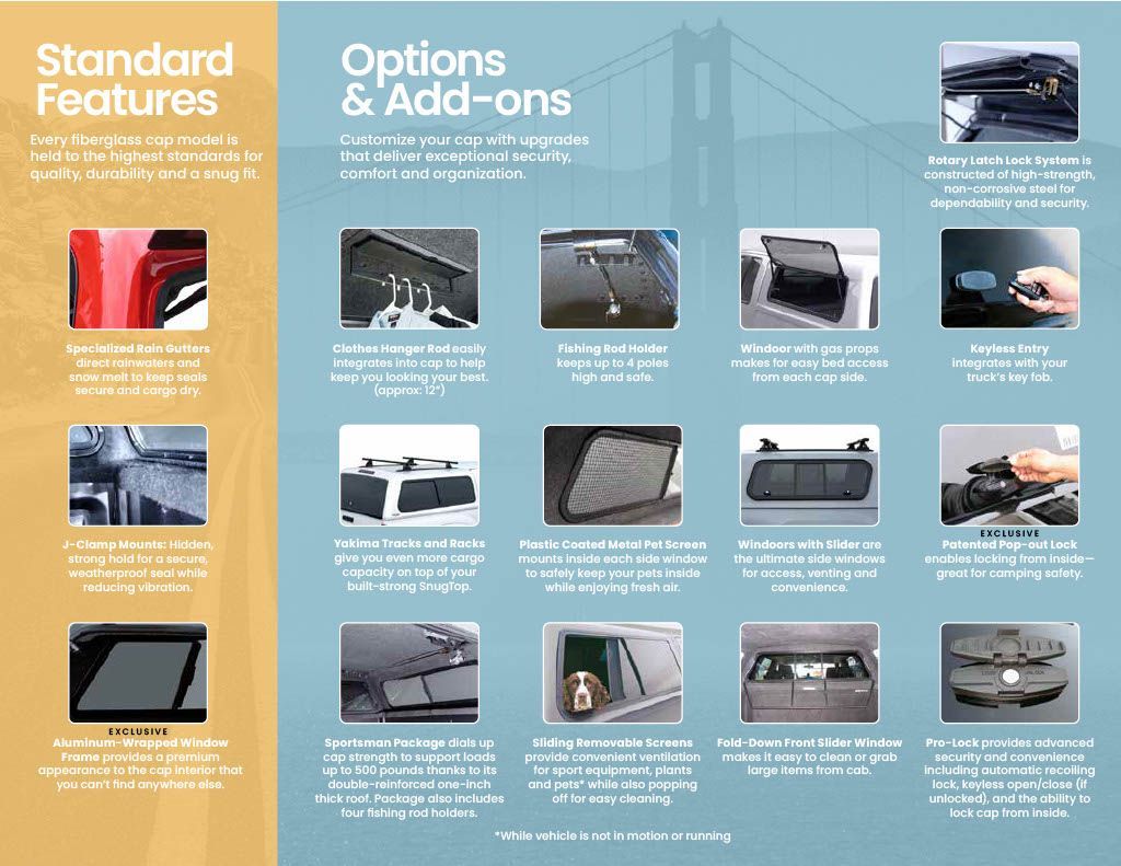 A brochure for a car shows standard features and options and add-ons.