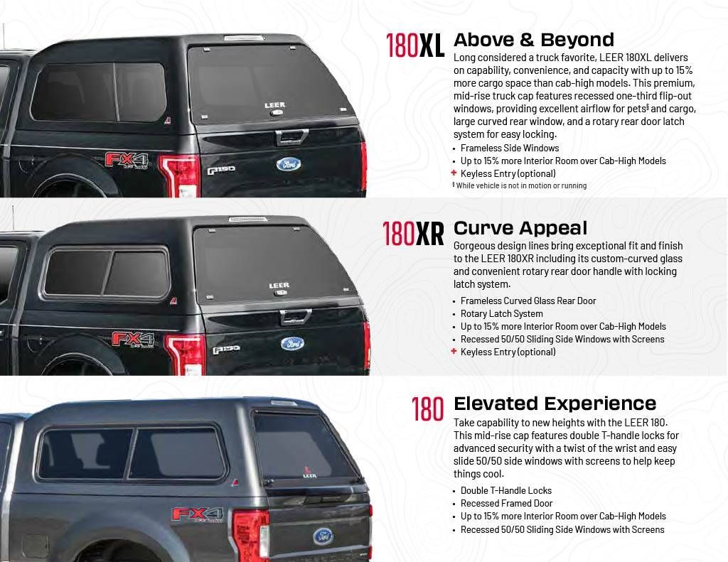 A ford truck with three different types of canopies on it