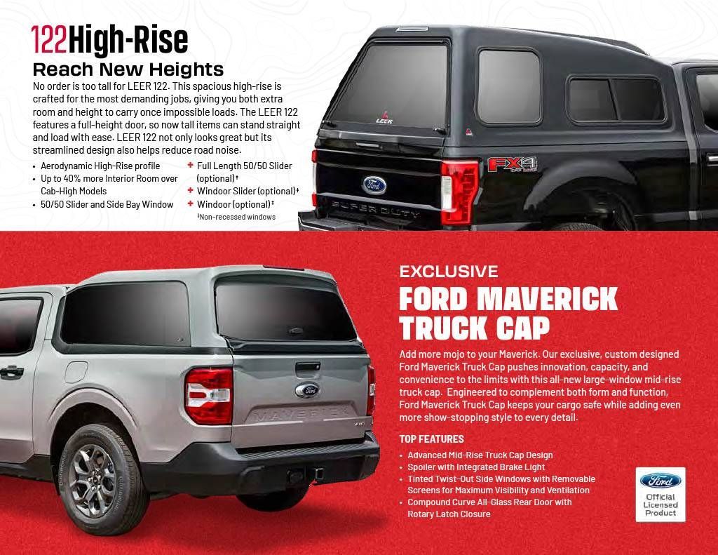 A ford maverick truck cap is shown on a red background.