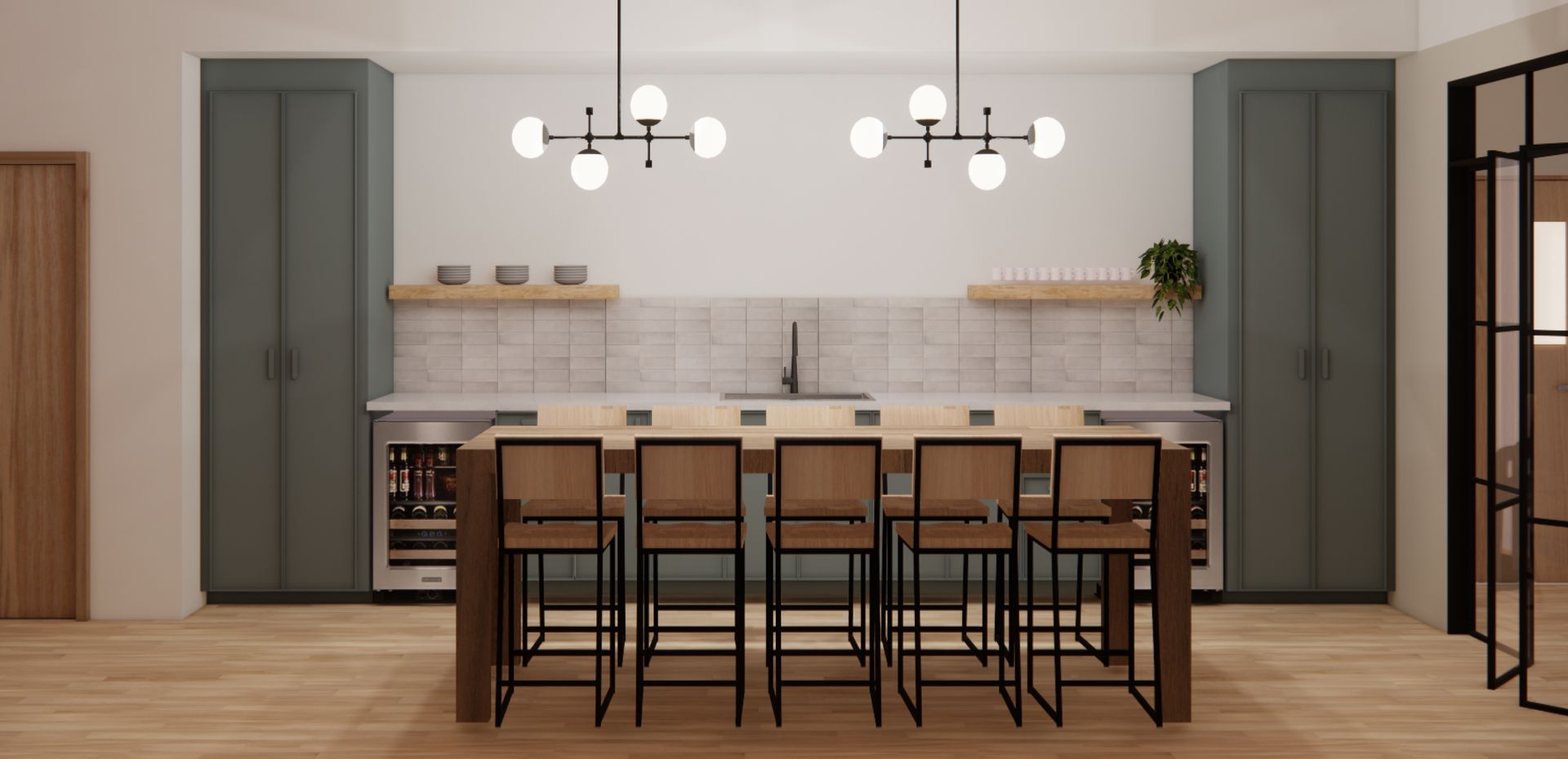 A kitchen with a table and chairs in it.