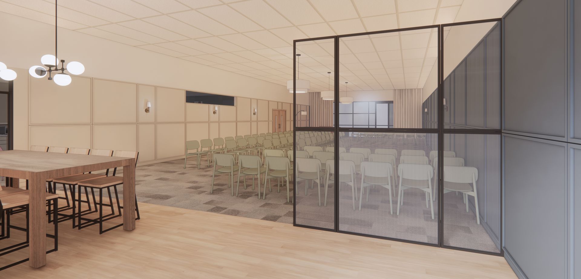 An artist 's impression of a conference room with tables and chairs.