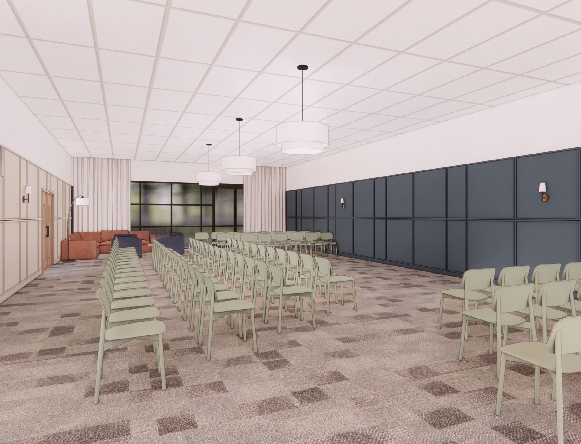 An artist 's impression of a large room with rows of chairs.