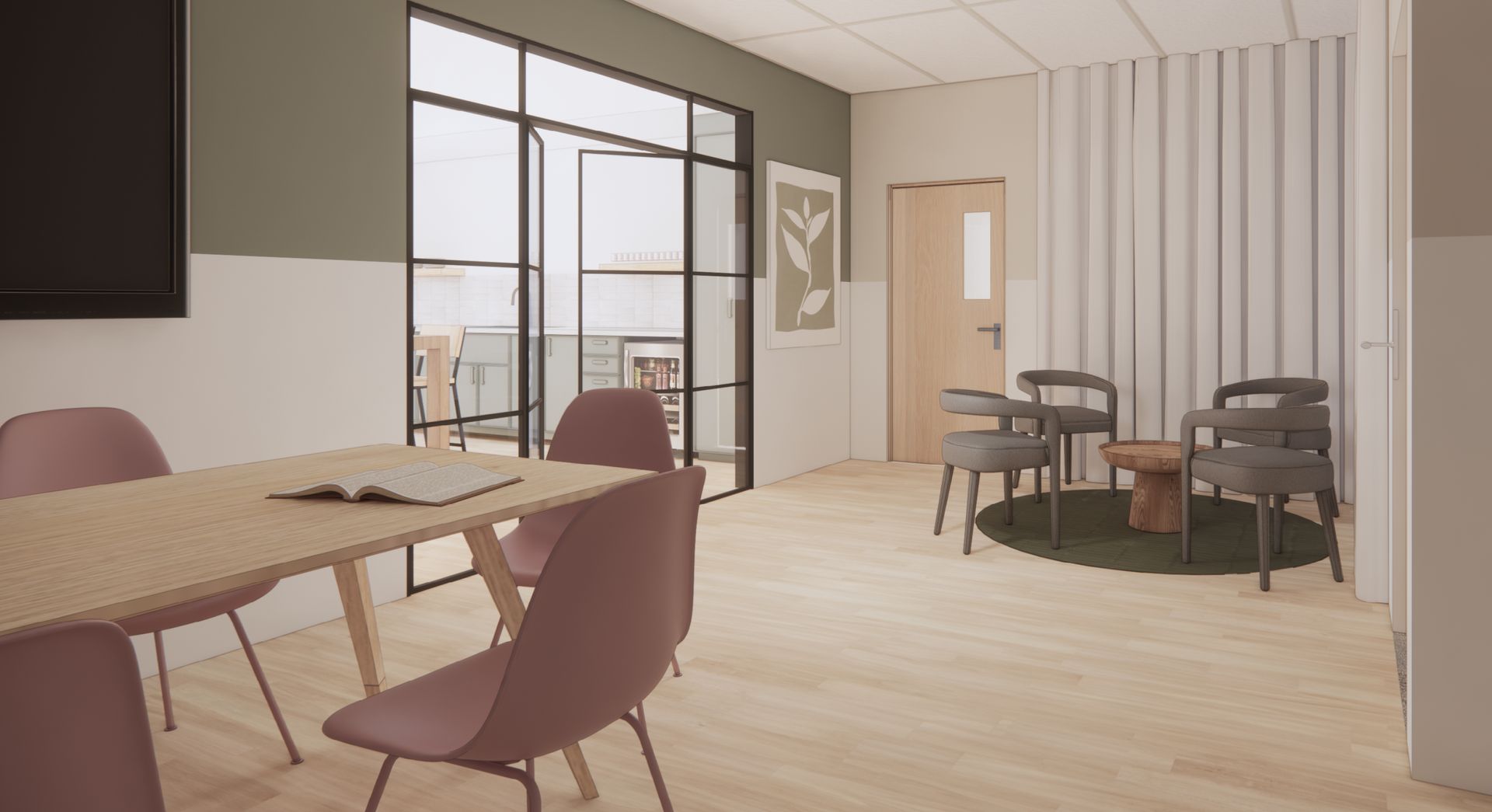 An artist 's impression of a conference room with a table and chairs.