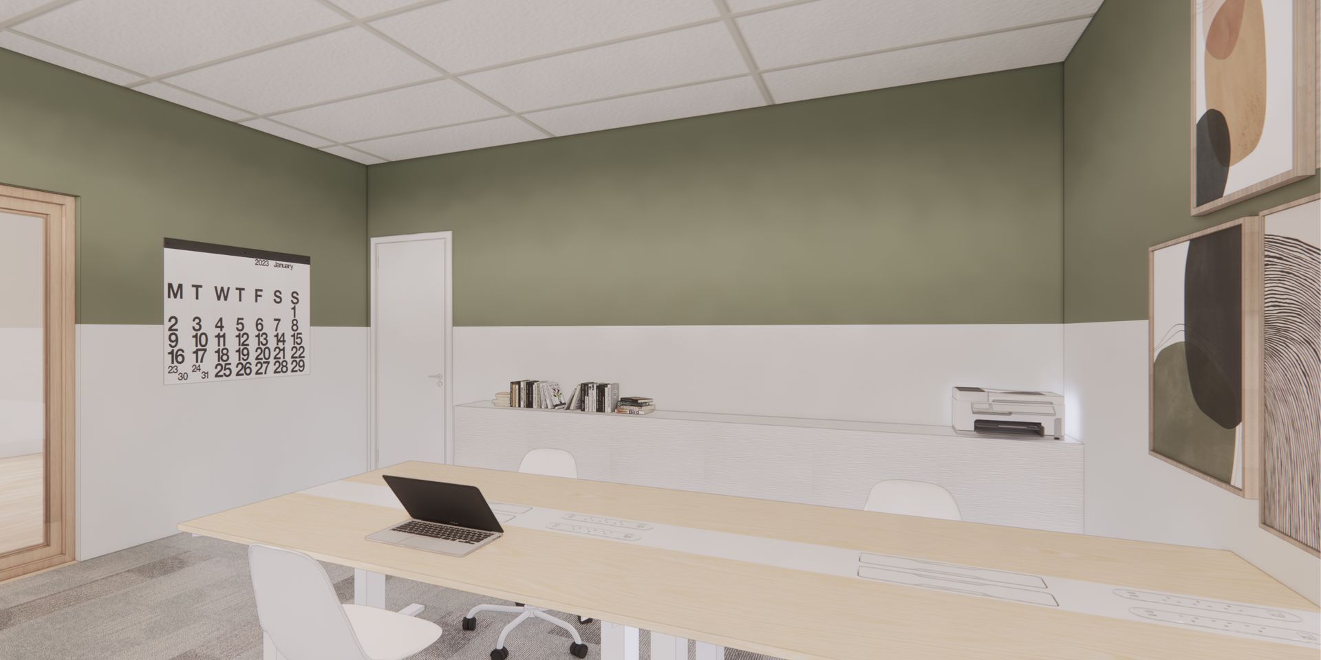 An artist 's impression of a conference room with a long table and chairs.