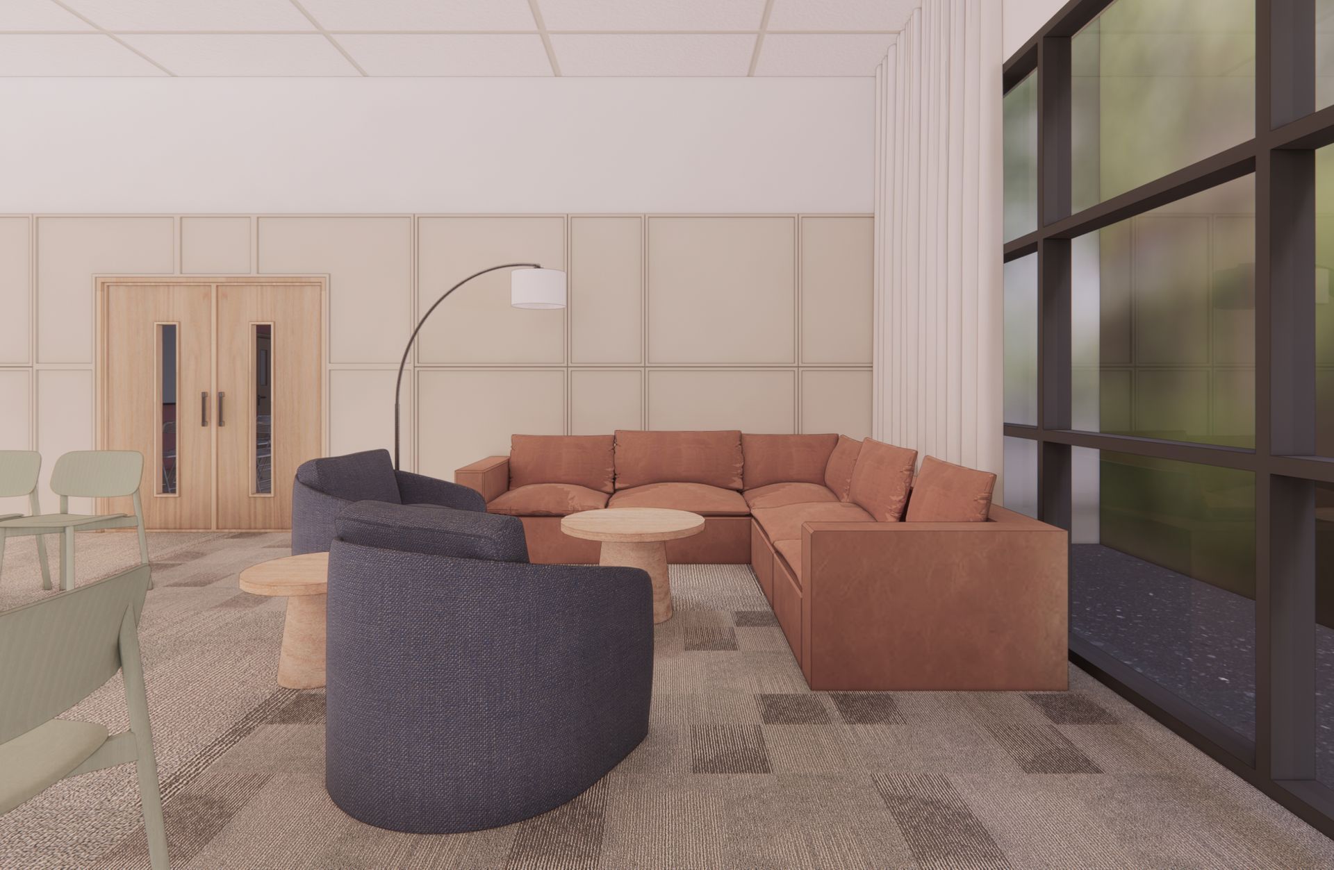 A living room with a couch , chairs , tables and a large window.