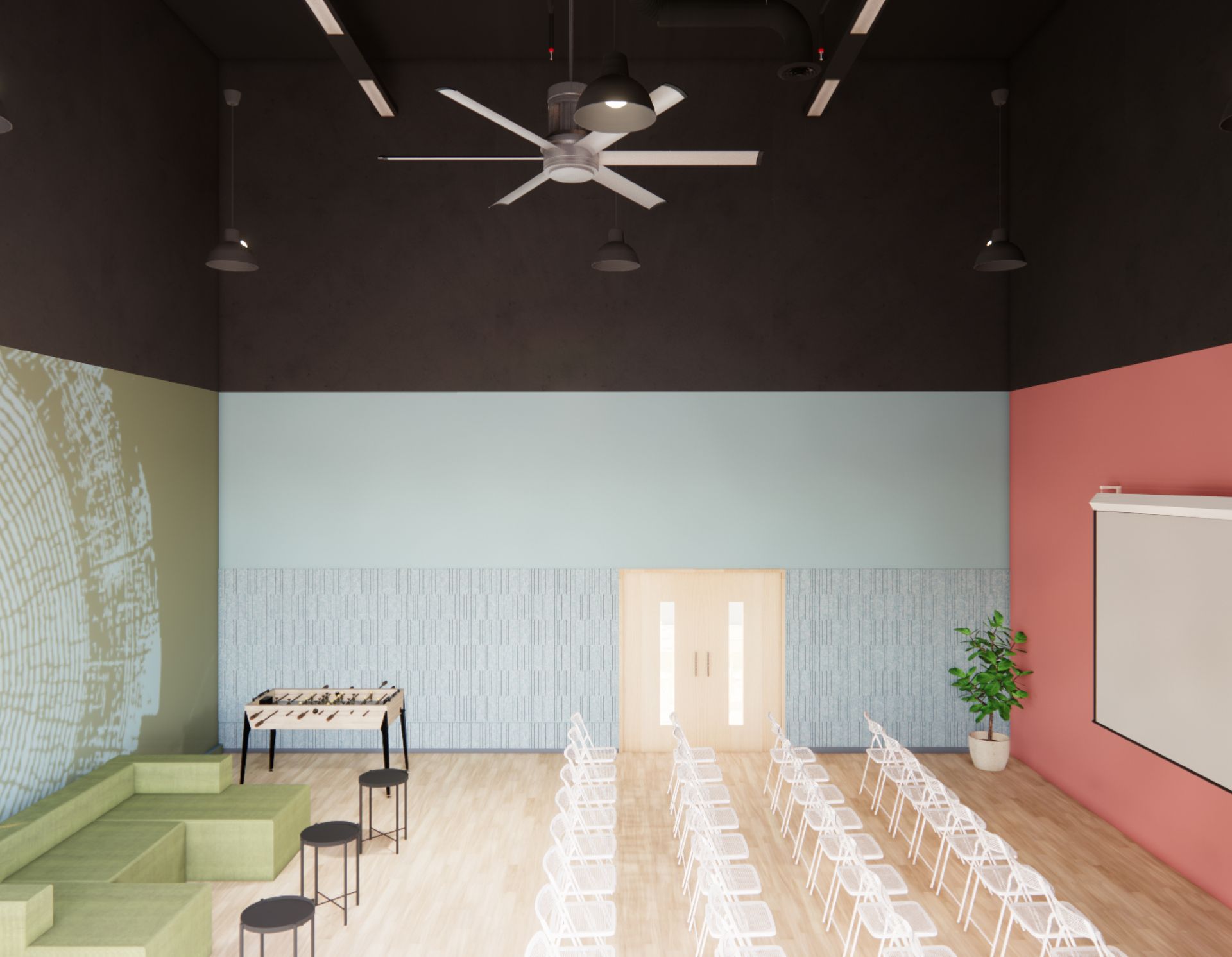 A room with a lot of chairs and a ceiling fan