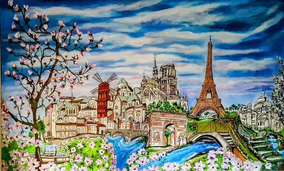 Ein Gemälde von Paris mit dem Eiffelturm im Hintergrund