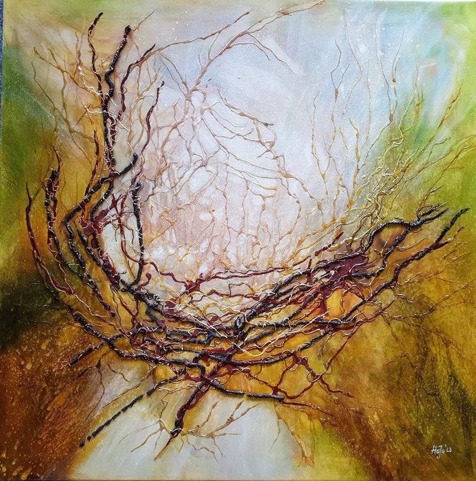 Ein Gemälde eines Vogelnests mit gelbem Hintergrund