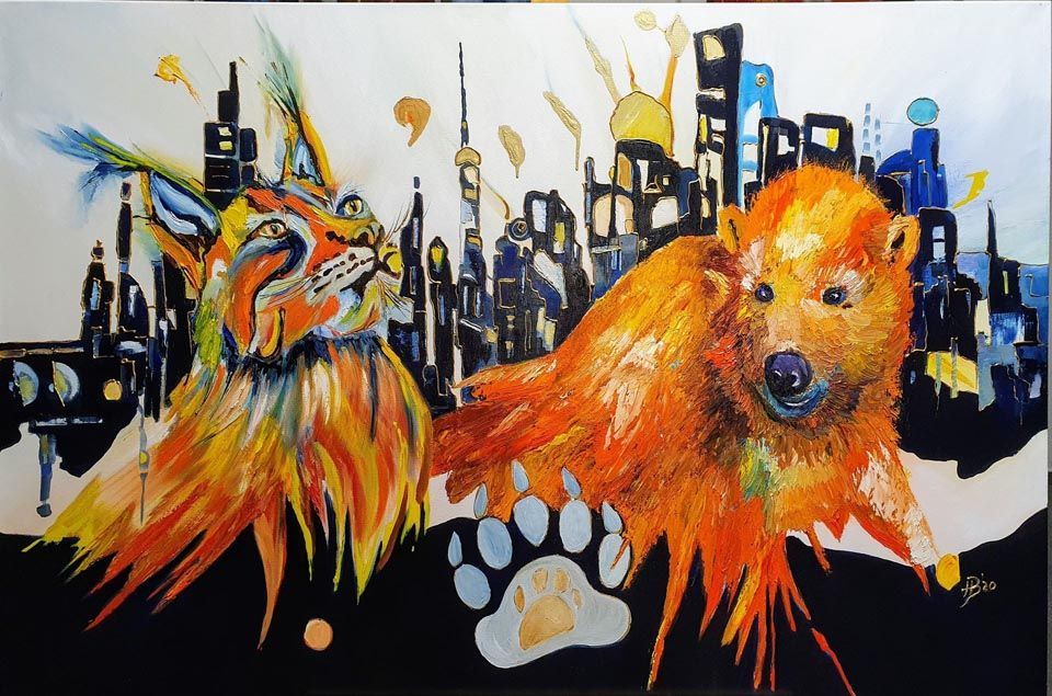 Ein Gemälde von einem Fuchs und einem Bären mit einer Stadt im Hintergrund
