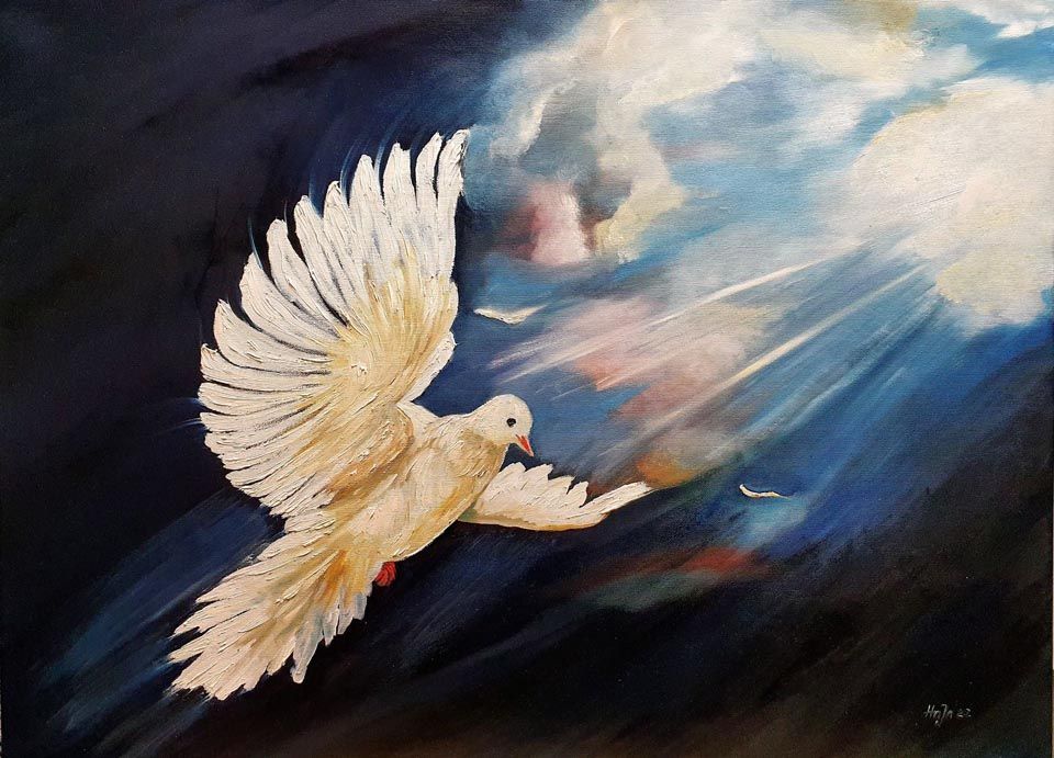 Ein Gemälde einer weißen Taube, die in den Himmel fliegt